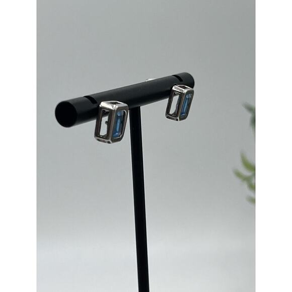 Sterling Silver Stamped 925 Rectangular Blue Stone Stud Earrings - Picture 5 of 14